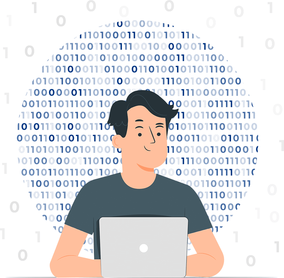 Udzielamy bezpłatnego wsparcia technicznego w ramach hostingu Woocommerce, oraz odpłatnie obsługę programistyczną, np. przy modyfikacji sklepu, modułów itp. Mężczyzna siedzi przed laptopem na tle kodu binarnego oferując obsługę programistyczną dla hostingu Woocommerce